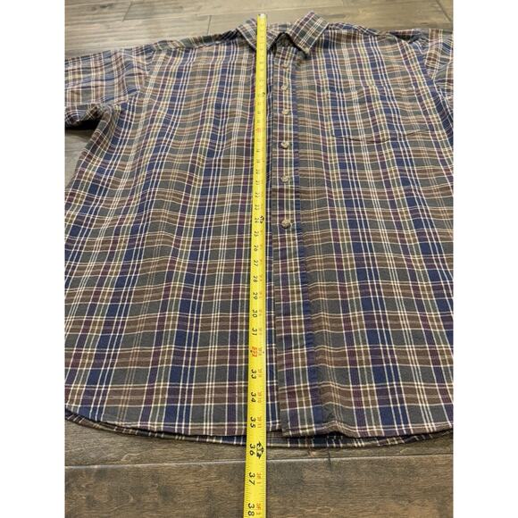 Vintage Bon Homme Mens Brown Blue Plaid Button Up Short Sleeve Shirt Size L - Picture 7 of 8